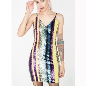 L’ATISTE NEW rainbow striped sequin v-neck mini dress size large women’s